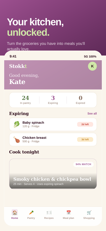 Stokkt home screen showing personal greeting, pantry stats, and what's expiring