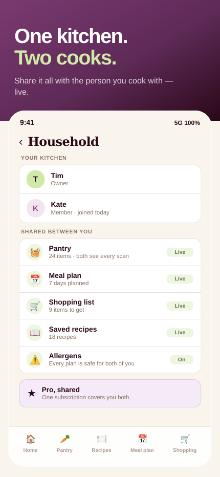 Stokkt household screen showing a pantry, meal plan, shopping list and recipes shared between two people