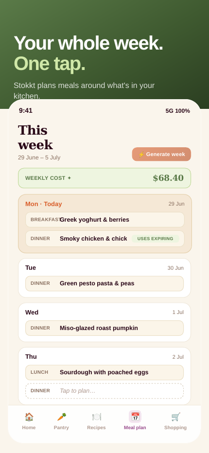 Stokkt meal plan for the week with weekly cost summary