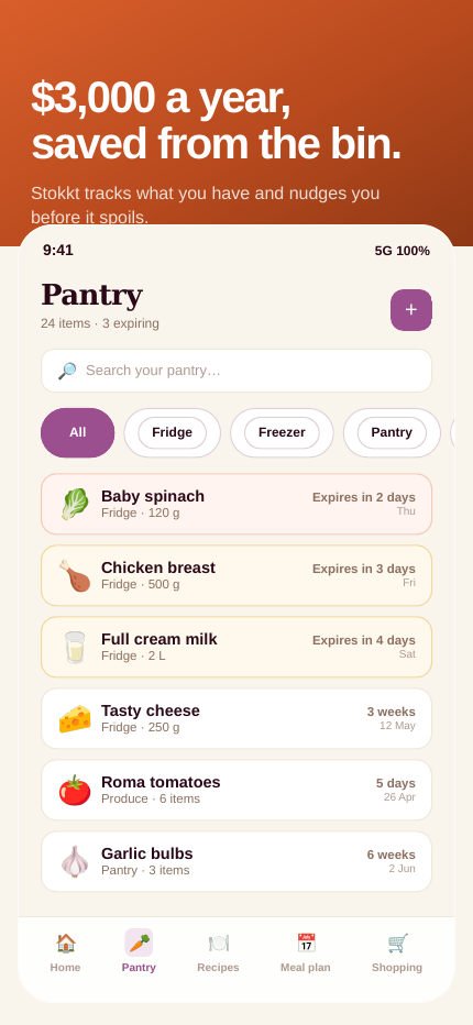 Stokkt pantry with receipt-scanned items