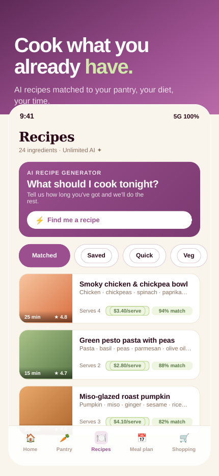 Stokkt recipes matched to pantry with cost-per-serve