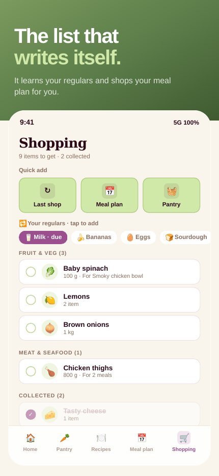 Stokkt shopping list with Quick add, your regulars and items for your meal plan